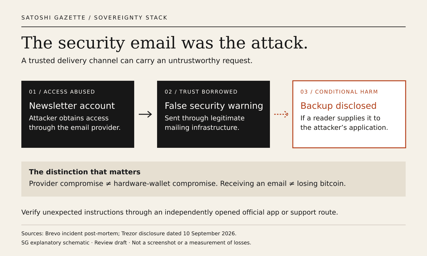 Three stages show abused newsletter access, a false warning through legitimate infrastructure, and conditional disclosure of a wallet backup.