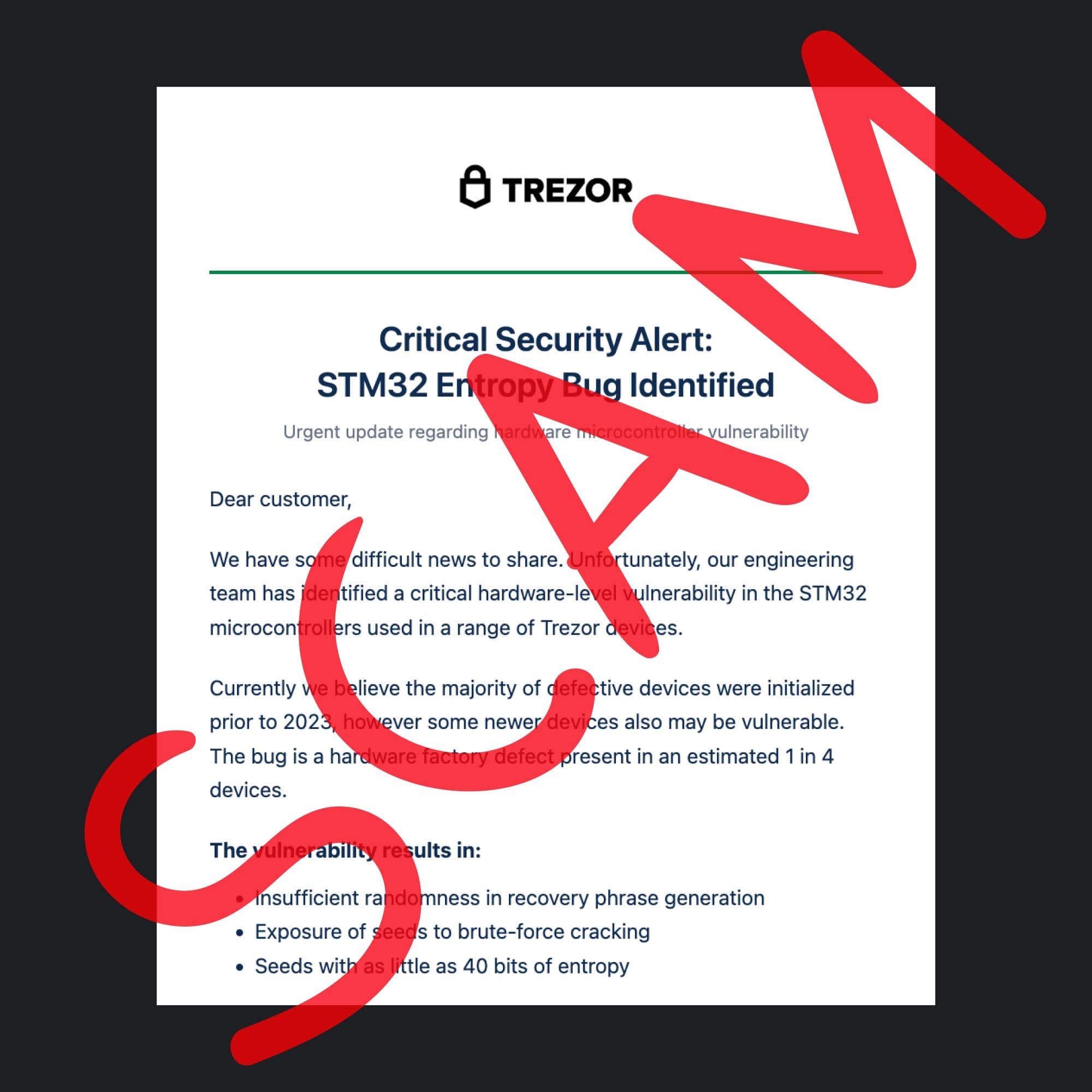 An email carrying Trezor branding and a false hardware-security warning, overlaid with a large red SCAM marking.
