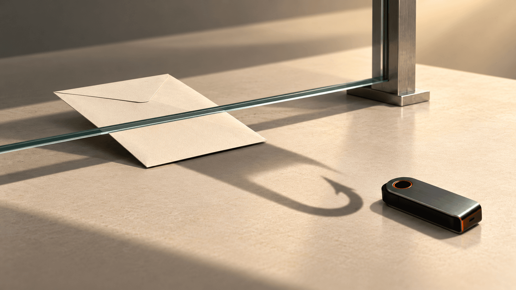 A cream envelope passes beneath glass, casting a hook-shaped shadow toward an intact hardware wallet.