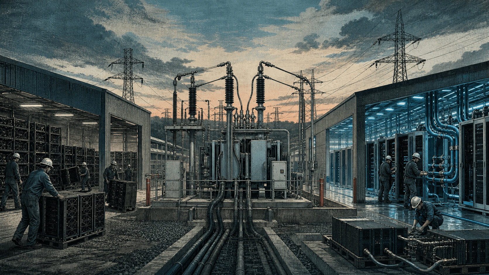 A large power substation feeds two diverging industrial halls: dark rows of Bitcoin miners being removed on one side and bright liquid-cooled AI racks being installed on the other.