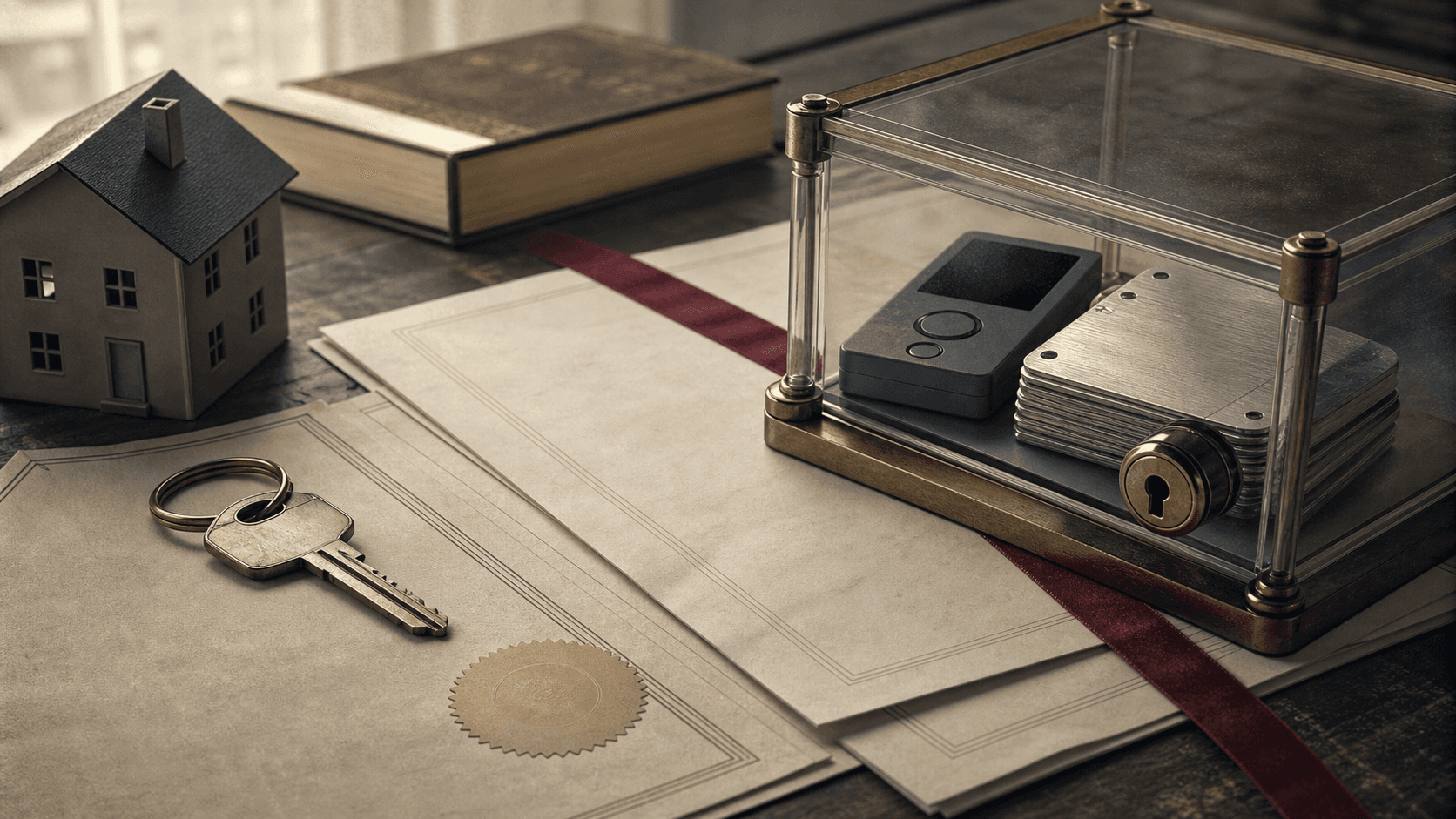 A house key and a Bitcoin hardware key sit on opposite sides of a legal closing table, joined by a red collateral ribbon that passes into a locked institutional vault.