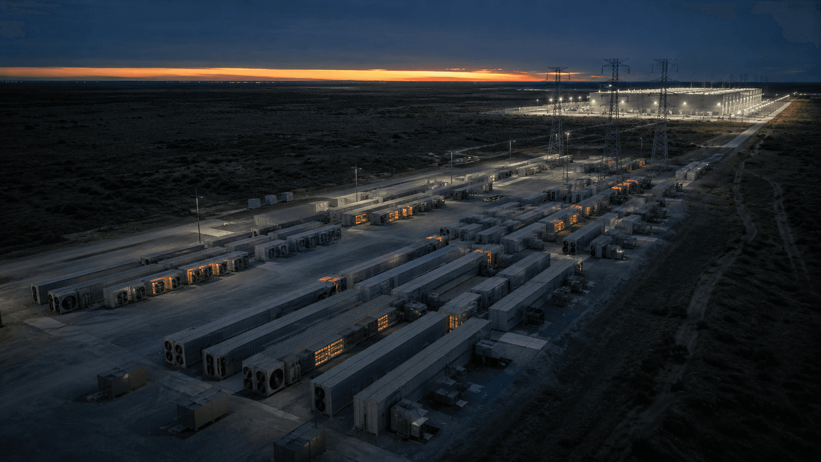 Aerial dusk photograph of a large modular mining campus where most container rows are dark and a few glow amber, with power lines running toward a brightly lit windowless data-center hall on the horizon.