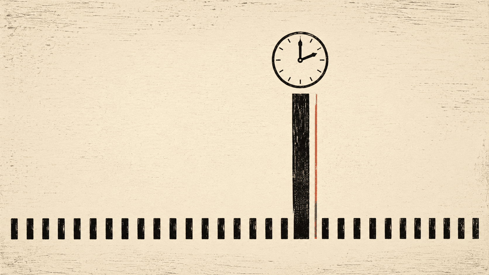A woodcut-style illustration: a long row of short, evenly spaced black strokes runs across cream paper, broken by one stroke that rises far above the rest, with a small clock face reading two o'clock above it.