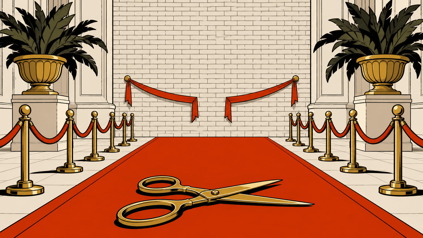 A flat cartoon illustration of a formal ribbon-cutting with nobody present. A burnt-orange carpet runs from the foreground between rows of brass stanchions and velvet ropes, flanked by oversized urns of dark palms, toward what should be a grand entrance. Instead there is a plain white brick wall with no door or window. A ceremonial ribbon strung across the brick has already been cut, its two ends hanging slack, and a pair of comically oversized gold scissors lies abandoned on the carpet.