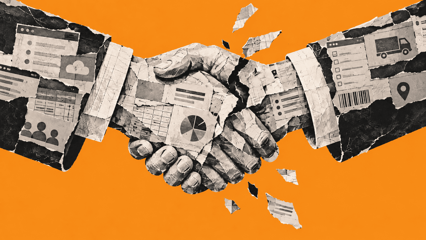 Two hands made from torn paper records and interface fragments shake against an orange background, with fragments peeling away at their meeting point.