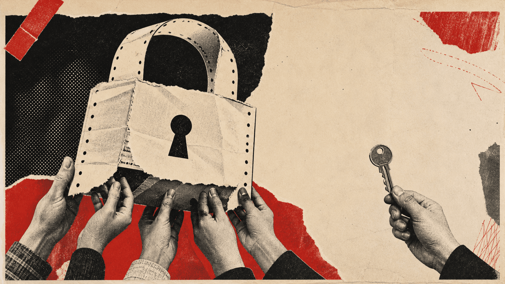 Risograph collage of many hands holding a paper padlock while a separate hand holds a key, printed in black and vermilion on cream paper.