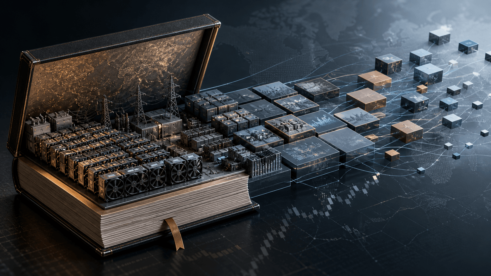 Bitcoin mining machines sit inside a large investment ledger as portfolio blocks disperse across an institutional market network.