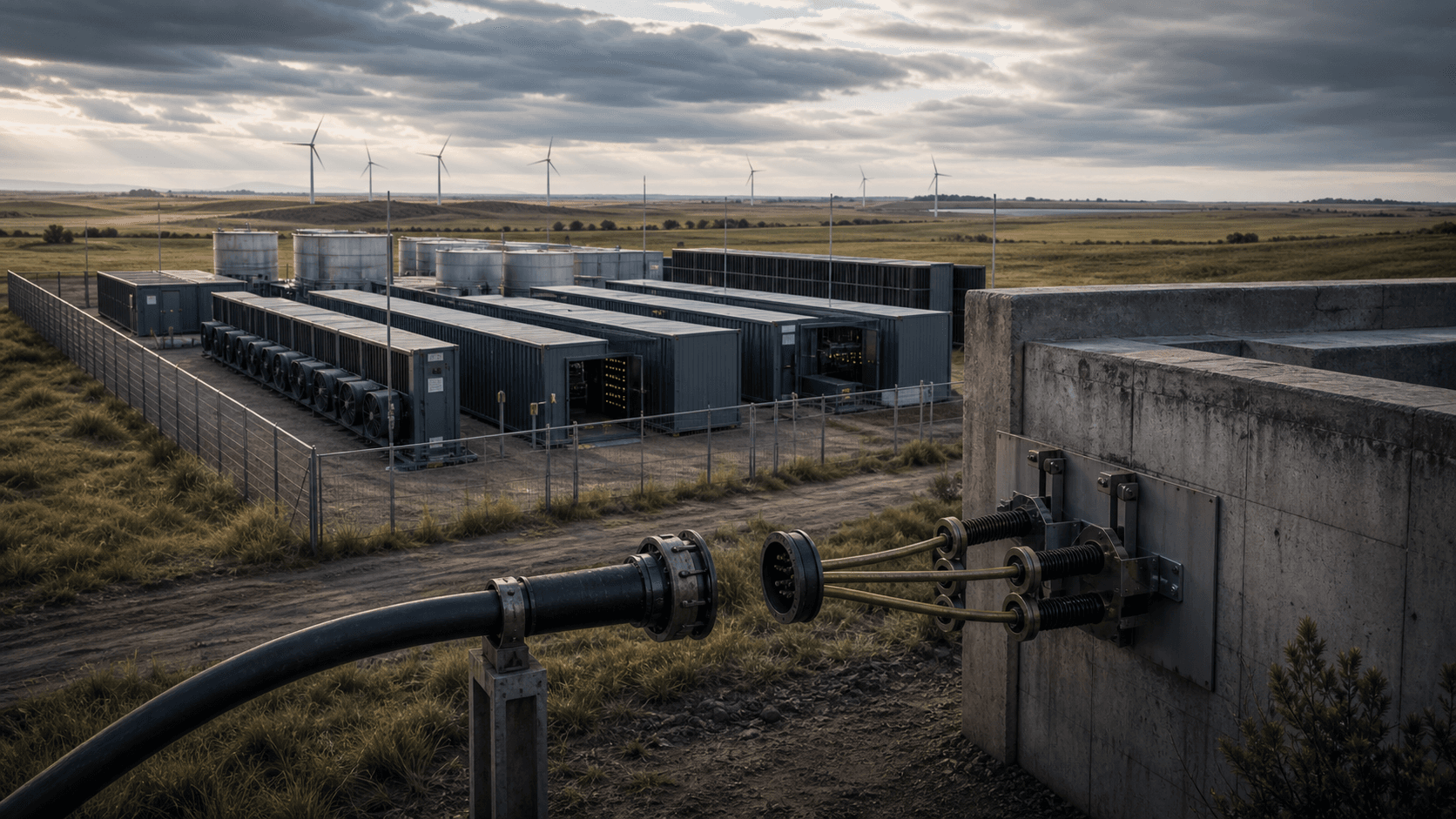 A disconnected industrial power coupling stands in front of a rural Bitcoin mining site surrounded by fields and wind turbines.