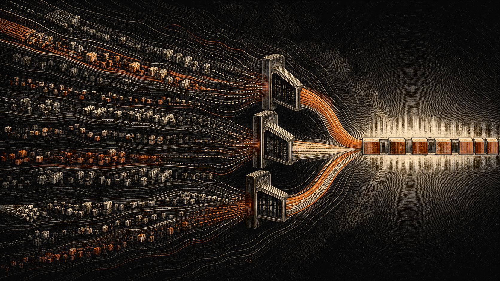 Many independent streams of computing power converge through three mining-pool gateways.