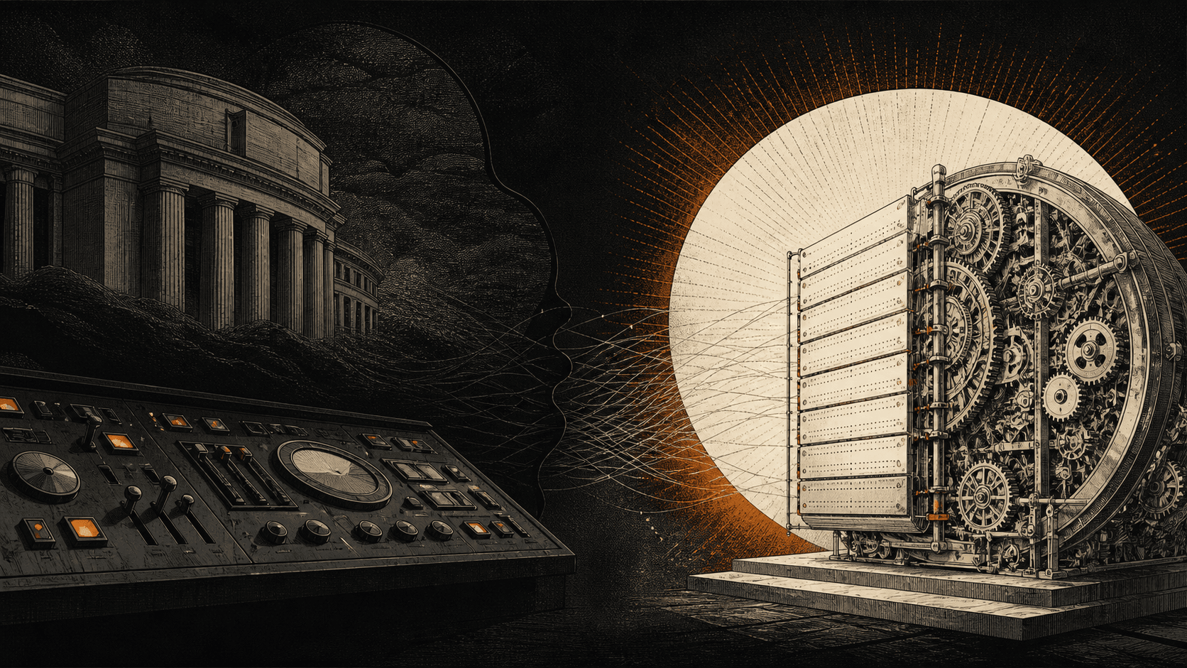An open monetary ledger stands beyond a bank of opaque financial controls.